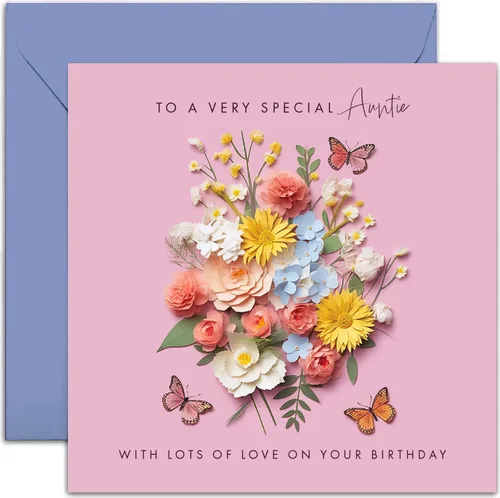 Old English Co. Tarjeta de cumpleaños especial para tía - Tarjeta de cumpleaños con arte de mariposa y flores rosas para tía de sobrina y sobrino -