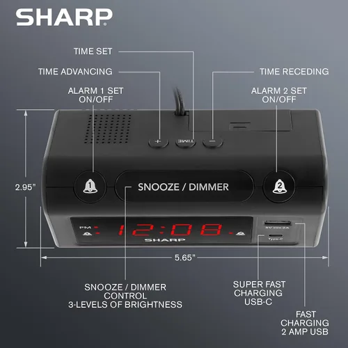 Miniatura 3 de Reloj de Alarma Sharp para Dormitorios, Carga USB-C Super Rápida y Carga USB de 2 Amperios Rápida, 2 Alarmas, Atenuador de 3 Pasos, Función Reposo