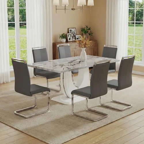 Miniatura 15 de Juego de 6 sillas de mesa de comedor para 6, juego de 6, moderno juego de comedor con mesa de comedor de mármol de 63 pulgadas, sillas tapizadas