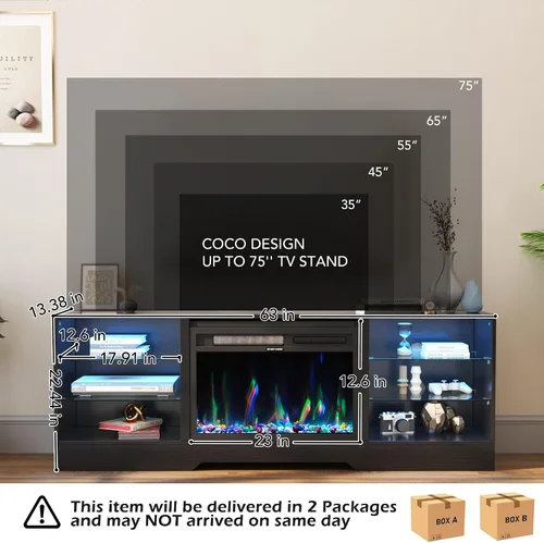 Miniatura 2 de COCO DESIGN Fireplace TV Stand up to 75" TVs, 23" Electric Fireplace TV Console, LED Lights Wood and Glass Entertainment Center & Remote Control