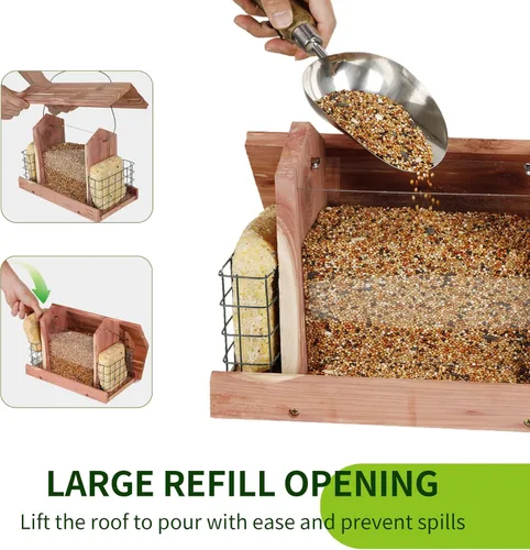 Miniatura 6 de Solution4Patio - Comedero para pájaros con tolva de cedro estadounidense para colgar al aire libre, jaula doble de sebo de madera hecha a mano