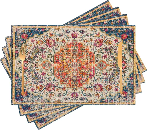 Miniatura 14 de Juego de 4 manteles individuales color azul bohemio para interiores, tela de lino étnica, lavables, resistentes al calor, para mesas de cocina