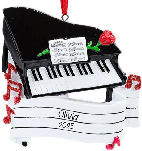 Adorno navideño personalizado de instrumento musical de piano 2025 – Personalización gratuita | Piano con notas de purpurina roja y rosa para árbol