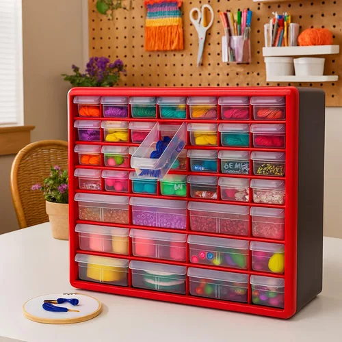 Miniatura 9 de Akro-Mils 10144 - Gabinete con 44 cajones de plástico para organización de garaje, organizador de cuentas, almacenamiento de bloques de Rojo