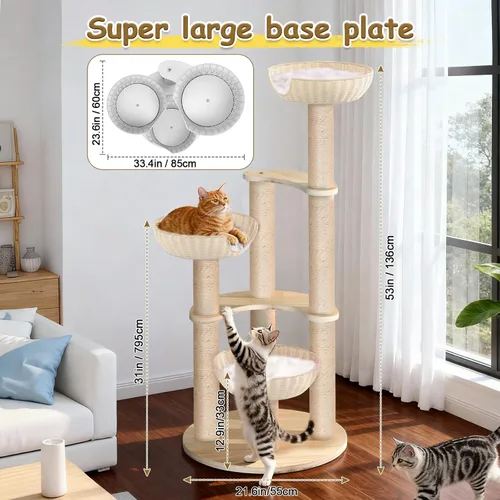 Miniatura 5 de Tinnmao Torre de árbol de madera maciza para gatos grandes, árbol de madera para gatos de 53 pulgadas con poste rascador cubierto de sisal natural