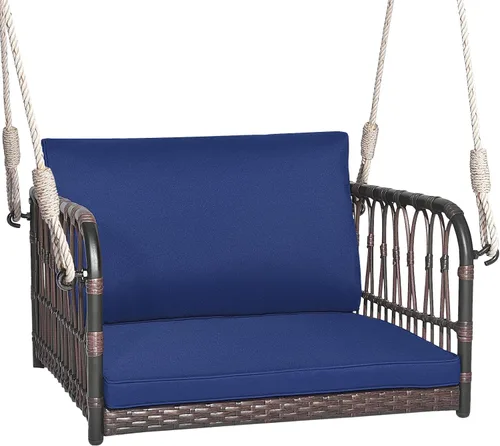 HAPPYGRILL Silla de columpio para porche, asiento colgante tejido de ratán con cuerdas para colgar, ganchos de cojines, banco colgante de mimbre