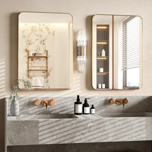 Miniatura 11 de Manocorro - Espejo de baño de esquina redonda, 20 x 28 pulgadas, color plateado Lightweight,wall mounted,HD tempered glass,sturdy aluminum