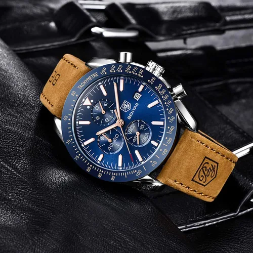 Miniatura 3 de BENYAR Mens Watches Quartz Movement Chronograph Leather Strap Fashion Business Sport Design 30M Waterproof Scratch Resistant Wristwatch Elegant