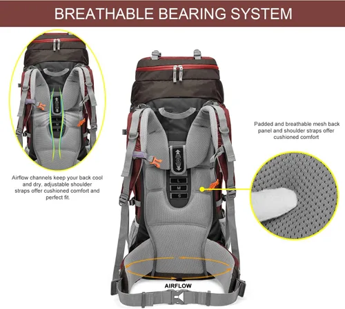 Miniatura 3 de MOUNTAINTOP Mochila de marco interno de 80L para hombre y mujer Mochila de senderismo con cubierta de lluvia Granate-80l