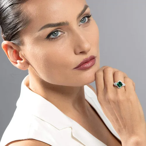 Miniatura 2 de PEORA Sterling Silver Cushion Tier Halo Ring Sizes 5 to 9 in Various Gemstones