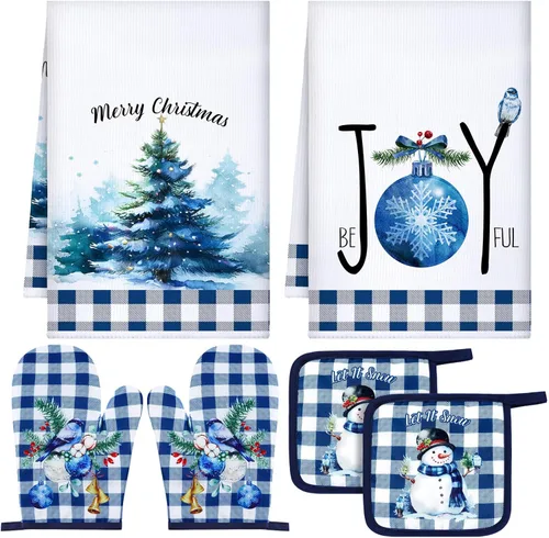 Bencailor Juego de 6 Pzas Azules de Toallas de Cocina de Navidad Guantes de Horno y Soportes para Ollas con Árbol de Navidad, Campanas, Muñecos de