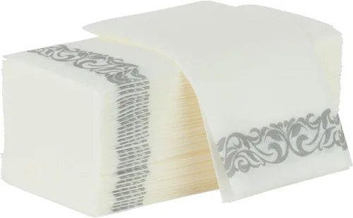 Party Bargains Toallas desechables de lino para invitados, paquete de 50, 13 x 16 pulgadas, color blanco con impresión plateada, toallas de mano de
