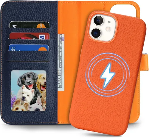 Miniatura 12 de Funda desmontable de piel auténtica para iPhone 13/14, funda magnética 2 en 1 extraíble, soporte de carga MagSafe, función de soporte para tarjetas