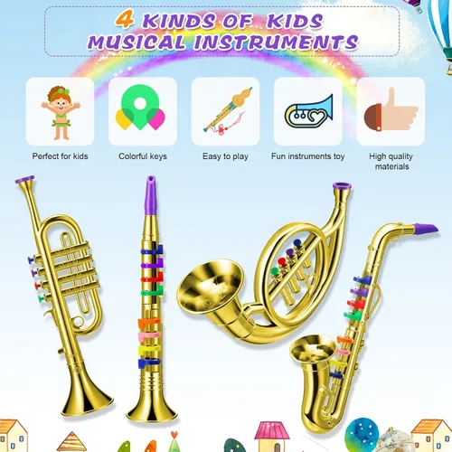 Miniatura 3 de Treela Juego de 4 instrumentos musicales para niños, clarinete de juguete saxofón, trompeta y trompeta para principiantes con más de 10 teclas