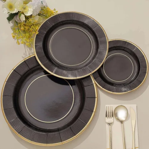 Miniatura 6 de Efavormart 25 Pack Platos de papel para servir y cenar de 10" en negro metálico con rayos de sol, platos desechables para fiestas - 350 GSM