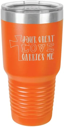 Miniatura 10 de Taza de viaje de acero con recubrimiento de polvo grabado con láser, con grabado de 30 oz con texto en inglés "Your Love Carries" y texto "Mis