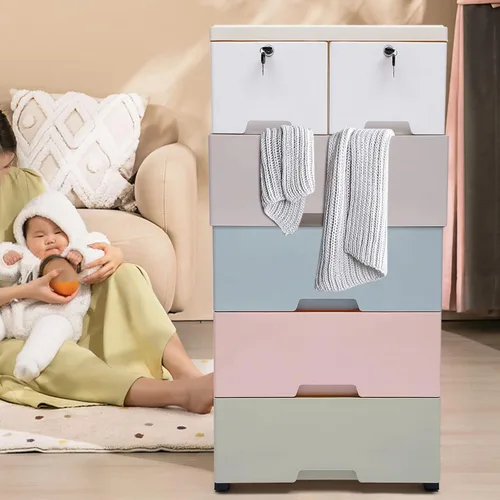 Miniatura 2 de Cómoda de plástico con 6 cajones, armario de almacenamiento multifuncional con cerradura, organizador de llaves de ropa para dormitorio, sala