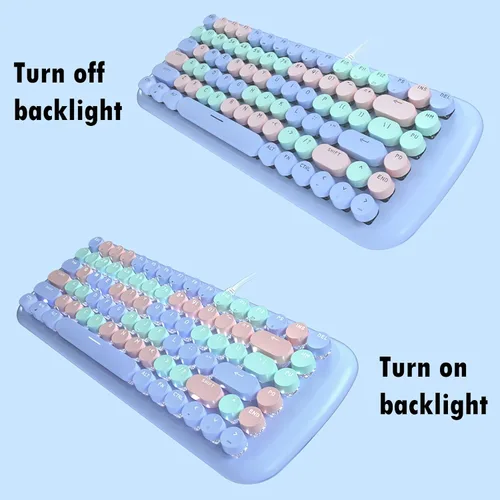 Miniatura 3 de Lomiluskr Lindo teclado mecánico con cable colorido para niñas y niños, teclas redondas, 84 teclas compactas, 10 efectos de iluminación Azul