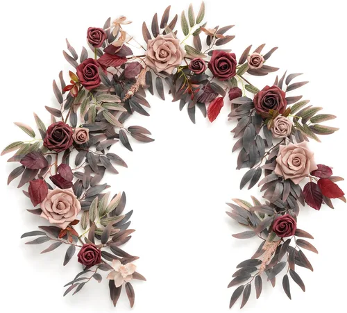 Ling's Moment - Guirnalda de Flores Artificiales de 5 Pies de Borgoña, Guirnalda Floral de Rosa Marrón, Flores de Arco, Vid para Decoración de Fondo