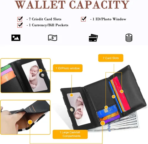 Miniatura 30 de CONISY Lindas carteras para mujer, de cuero con bloqueo RFID, pequeña cartera triple con ventana de identificación para niñas y mujeres
