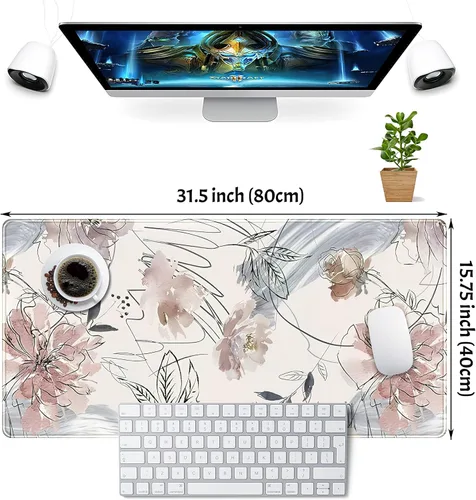 Miniatura 2 de Tapete de escritorio, diseño de flores pintadas a mano con diseño de abstracción (31.5 x 15.75 pulgadas), bonita alfombrilla de mouse grande