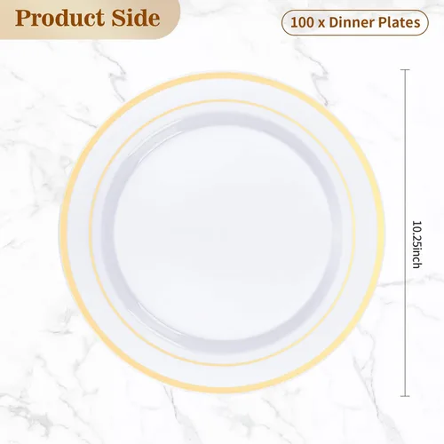 Miniatura 4 de BESTVIP 100 platos de plástico dorados, plato de cena desechable de 10.25 pulgadas para fiestas con borde dorado para Navidad, Acción de Gracias