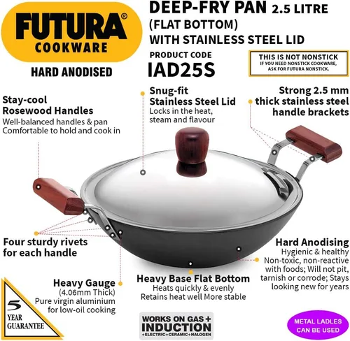 Miniatura 2 de Futura freidora con anodizado duro (Kadhai) con tapa de acero y parte inferior plana, Negro
