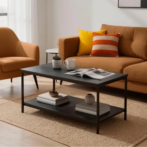 Miniatura 2 de Amazon Basics - Mesa auxiliar con estante inferior, mesa lateral para sala de estar, marco de acero, madera negra