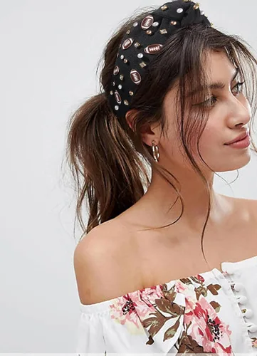 Miniatura 6 de Diadema de fútbol para mamá, accesorios de perlas con diamantes de imitación anudados, banda ancha para el pelo negra, diadema de nudo superior