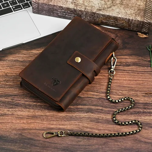 Miniatura 48 de Genuino Caballo Loco Cuero Regalo de Viaje Moneda Bolsillo Tarjetero Organizador Largo Cadena Rfid Cartera Monedero Con Broche Para Hombres Hombres