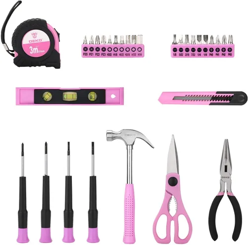 Miniatura 3 de DEKOPRO Juego de herramientas: kit de herramientas manuales para el hogar general de 98 piezas rosa con caja de almacenamiento de plástico