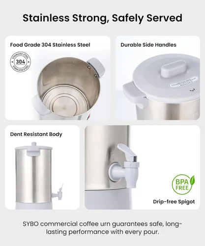 Miniatura 3 de SYBO Urna de café de 45 tazas, cafetera de percolado de acero inoxidable de grado comercial, filtro extraíble, fácil de limpiar, urna de agua