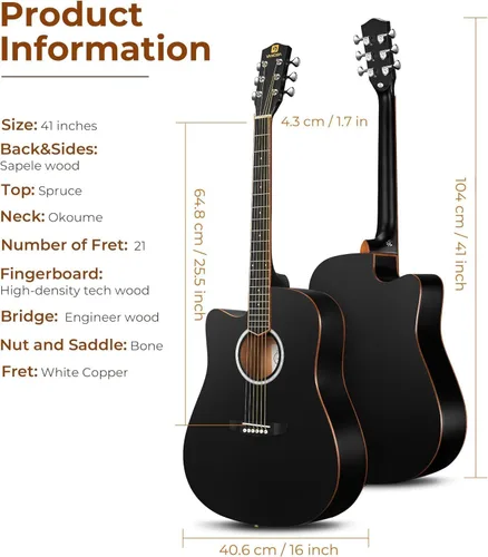 Miniatura 7 de Vangoa Guitarra para Zurdos, Kit de Guitarra Acústica para Zurdos de Tamaño Completo con Cutaway para Adultos Principiantes de 41 Pulgadas, Juego