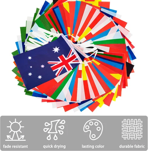 Miniatura 4 de Bandera de cuerda de 100 países, bandera internacional de 82 pies, decoración de bandera mundial para fiesta de la Copa del Mundo, escuela, eventos
