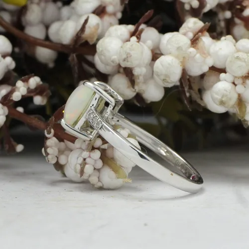 Miniatura 5 de GEMVIO Colección Anillo de compromiso de boda de compromiso con diamantes y piedras preciosas de ópalo blanco natural de 0.315in en oro de 14