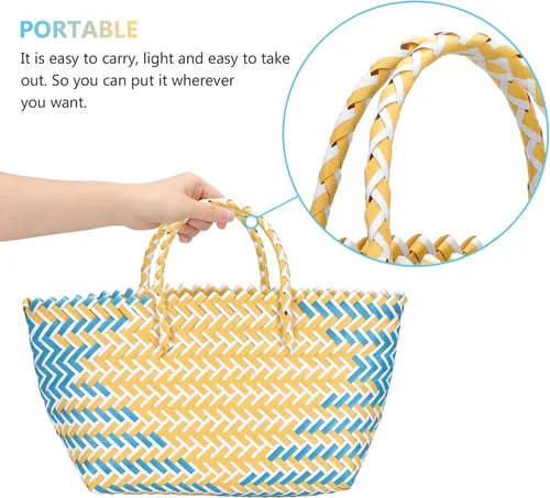 Miniatura 7 de Bolso tejido a mano para mujer, gran capacidad, a rayas, con correa cilíndrica, cesta de picnic duradera para almacenamiento al aire libre