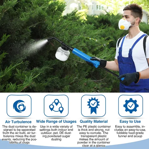Miniatura 7 de Qualirey Paquete de 2 aplicadores de tierra de diatomeas, dispensador de polvo de jardín de 250ml, rociador de perilla aplicadora de polvo, Azul