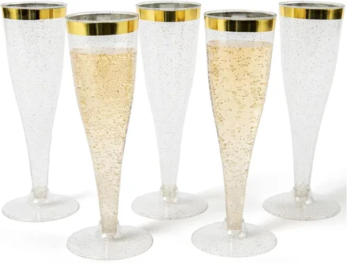 Prestee 48 Copas de Champán de Plástico Desechables con Borde Dorado con Purpurina - Vasos Transparentes para Brindis de Mimosa, Fiesta de Año Nuevo