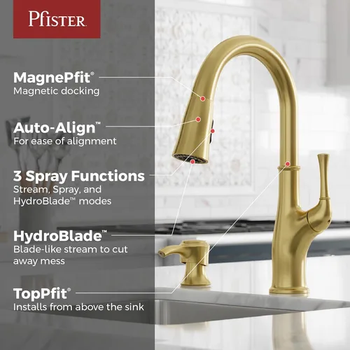 Miniatura 2 de Pfister Alderwood - Grifo de cocina con rociador extraíble y dispensador de jabón, de una sola manija, certificado NSF, acabado en oro cepillado