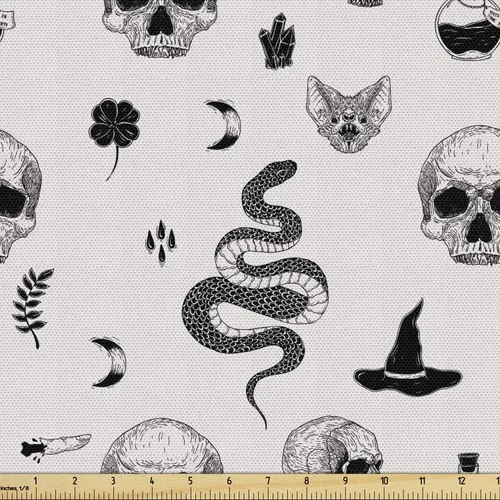 Miniatura 23 de Ambesonne The Yard, tela de calavera colorida con temática de Halloween, diseño de calavera y huesos cruzados, divertido estampado de dibujos