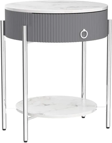 Miniatura 5 de OIOG Mesa auxiliar redonda con cajón, mesita de noche moderna con estante y patas de metal con acabado cromado, mesa esquinera de 2 niveles