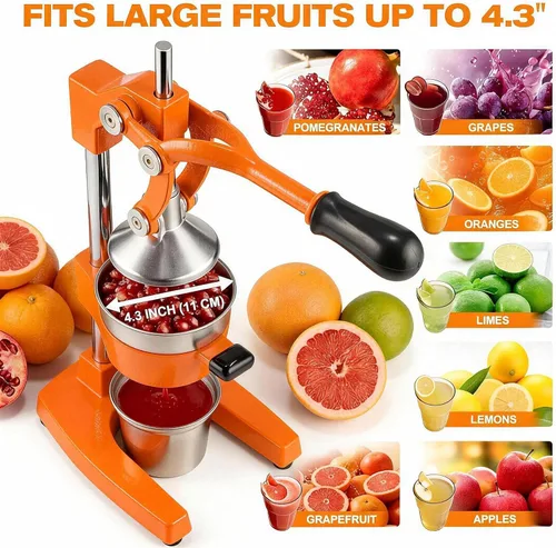 Miniatura 5 de Exprimidor de cítricos de hierro fundido – Prensa manual de naranja resistente de 13.8 libras, taza y colador de acero inoxidable 304, exprimidor