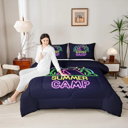 Miniatura 14 de Juego de Edredón para Acampar Feliz para Niños Tamaño Individual, Juego de Ropa de Cama Rústica de Aventura de Granja y Cabaña, Decoración