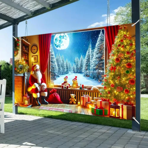 Miniatura 2 de BlissYard Pancarta Navideña para Ventana 71x43 Pulgadas Telón de Fondo de Noche Nevada con Chimenea de Santa, Árbol, Regalos, Farol, Cortina Roja