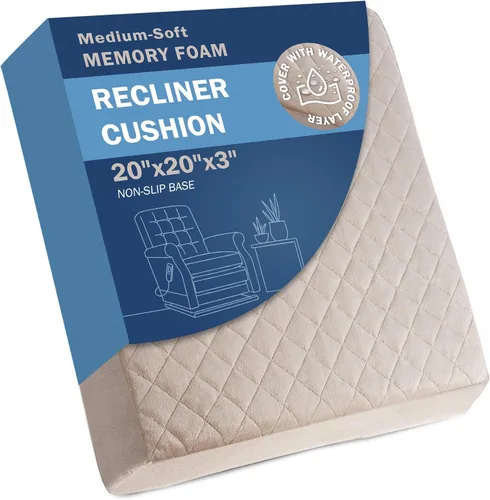 Medium-Soft 20x20x3 Memory Foam Recliner Chair Seat Cushion for Long Sitting - Armchair Pad with Washable Velvety Cover with Waterproof Layer & Beige