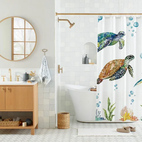 Miniatura 2 de Cortina de ducha de tortuga marina para baño, cortina decorativa costera de baño, 72 x 72 pulgadas, tela de poliéster, cortinas de baño impermeables