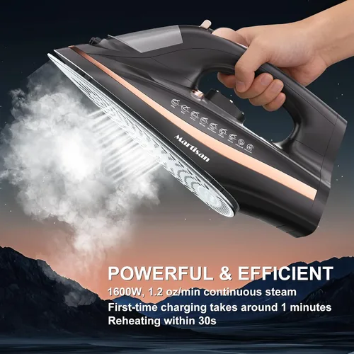 Miniatura 2 de Martisan Plancha inalámbrica para ropa, 1600 W, inalámbrico, calentamiento rápido, cable retráctil, base de carga de energía, suela de cerámica