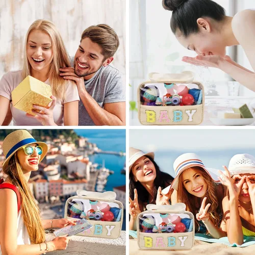 Miniatura 6 de Iqimott Bolsa de bebé con parche de letras de chenilla, bolsa de cosméticos transparente para maquillaje, bolsa grande de almacenamiento
