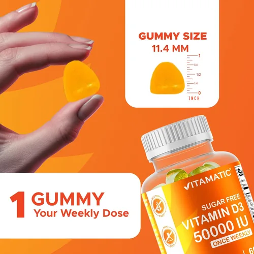 Miniatura 3 de Vitamatic Suplemento semanal de vitamina D3 sin azúcar de 50,000 UI - 60 gomitas a base de pectina Vitamina D de alta potencia para huesos, dientes