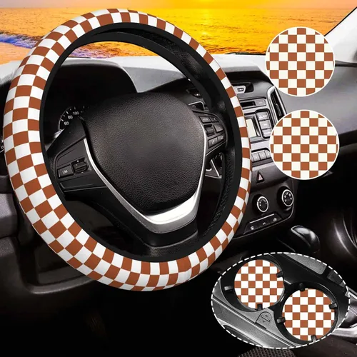Miniatura 12 de Funda de volante a cuadros para mujeres, funda universal para volante de automóvil de 14-15 pulgadas, accesorios interiores para automóvil, con 2